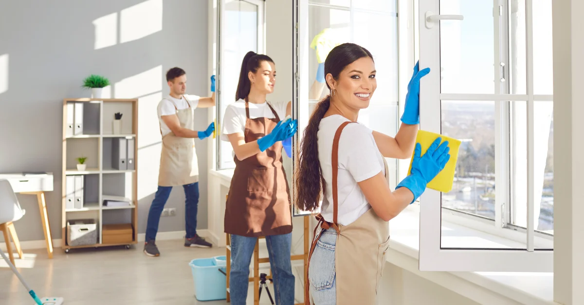 Professional cleaning team working in a bright home